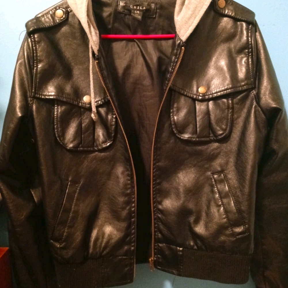 Faux Leather Jacket with Hoodie